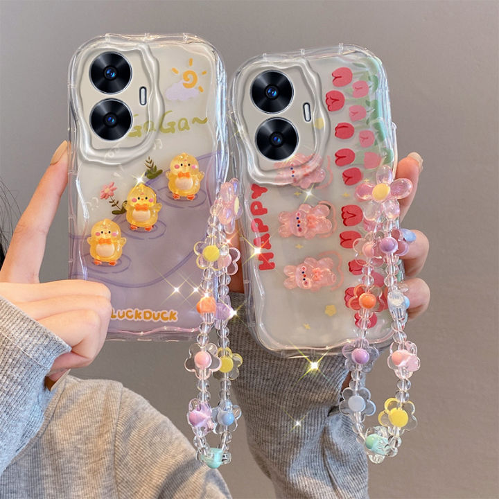 New Casing Realme C55 NFC C30 C30s Cubic Doll Rabbit Cartoon Phone Case  with Flowers Bracelet Lens Protection Shockproof Soft Cover 2023