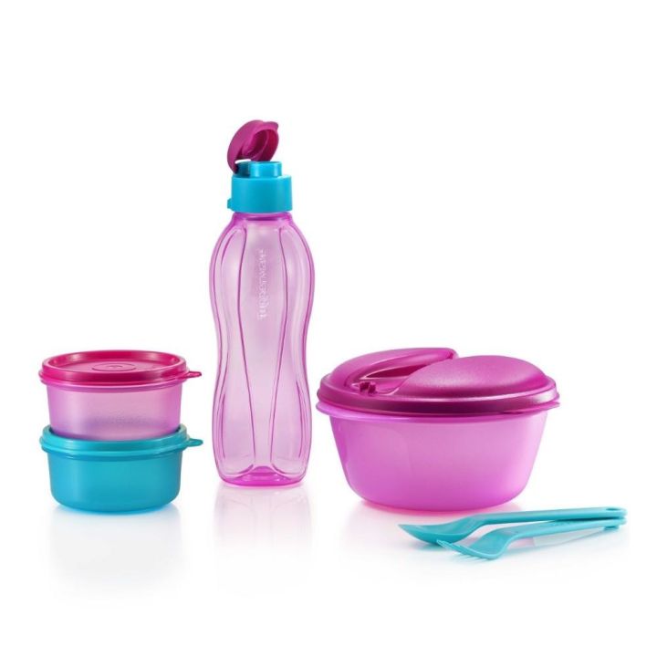 Tupperware Safe To Go Set ชุดกล่องอาหารกลางวันทัพเพอร์แวร์ ที่มาพร้อมขวดน้ำ 1 ใบ กระปุกกลมเล็ก 2 ใบ และช้อนส้อม 1 คู่