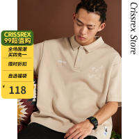 Crissrex Store เสื้อโปโลโปโลคอปกทรงหลวมแบบเรียบง่ายพิมพ์ลายนูนแขนสั้นแถมถุงเท้ายาว