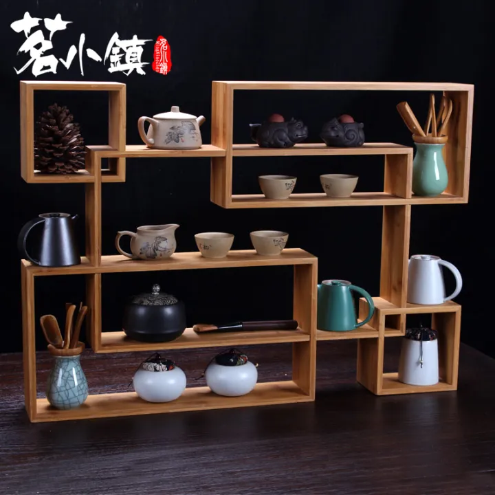 Bamboo Teapot Shelf Tea Set Rack Japanese Style Small Antique Shelf