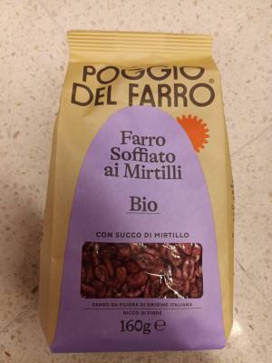 Farro Soffiato Ai Mirtilli 160g.ข้าวสาลีเต็มเมล็ดอบพองเคลือบร้ำตาลและน้ำบลูเบอร์รี่เข้มข้น 160กรัม