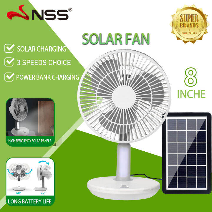 NSS Adjustable 8" Electric Fan Solar Power Rechargeable Fan Portable Rechargeable Solar Fan