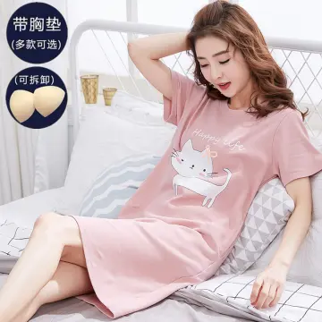 Women Solid Modal Nightdress With Chest Pad Comfort Short Sleeve Mid-Long  Pajamas Casual Homewear Sleepwear
