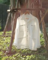 White havana linen 4 pocket long sleeve shirt เสื้อฮาวายผ้าลินิน4กระเป๋าแขนยาว สีขาว