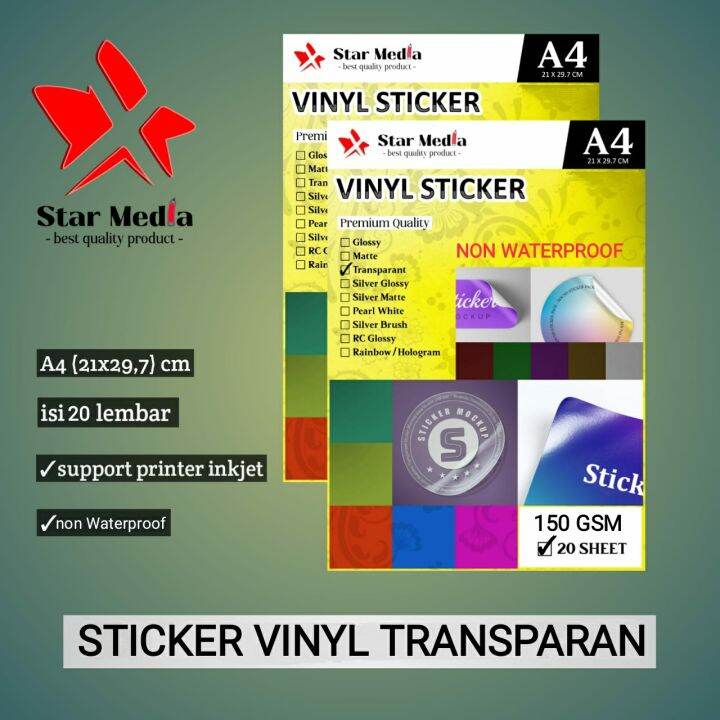 Kertas Sticker Vinyl Transparan 150 Gsm Inkjet Isi 20 Lembar Ukuran A4