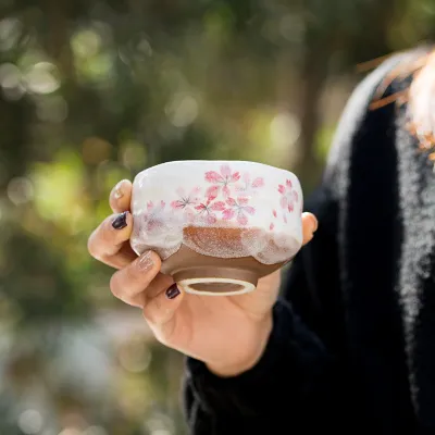 Lewu ถ้วยมัทฉะเมอริยากิญี่ปุ่นถ้วยชาไซส์ใหญ่ลายดอกซากุระปลอดภัยแก้วมัทฉะเคลือบสีเซรามิกแนววินเทจ