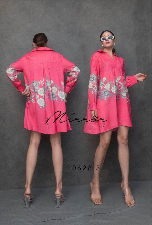 mirrorsister-20628-3-เดรสเชิ้ตคอวีมีปก-เดรสสั้น-มินิเดรส-เดรสแขนยาว-ชุดไปเที่ยว-เดรสลายดอก-ชุดทำงาน-เดรสสีสดใส
