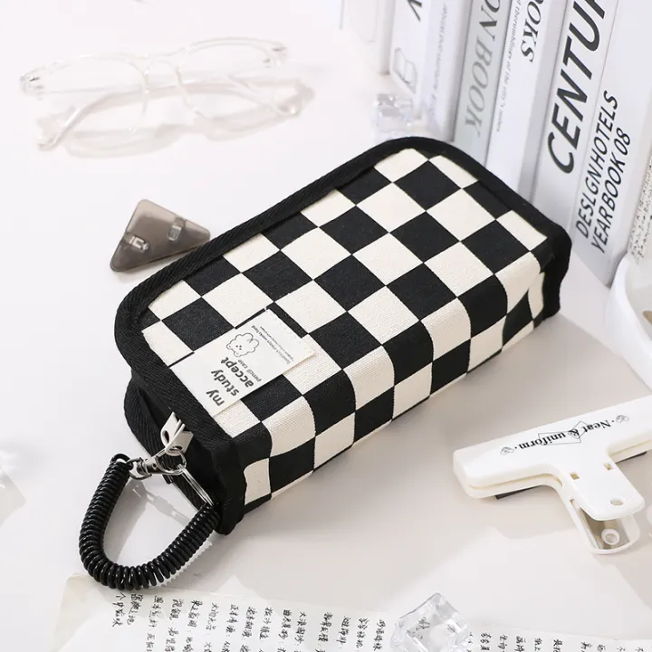 INS Style Black and White Chessboard Plaid Pencil Case Large Capacity