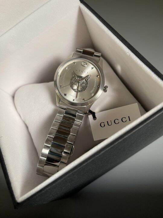 ออก-shop-usa-new-gucci-g-timeless-cat-สีเงินล้วน-หน้าแมว-สายตัดได้-ขนาด-38mm