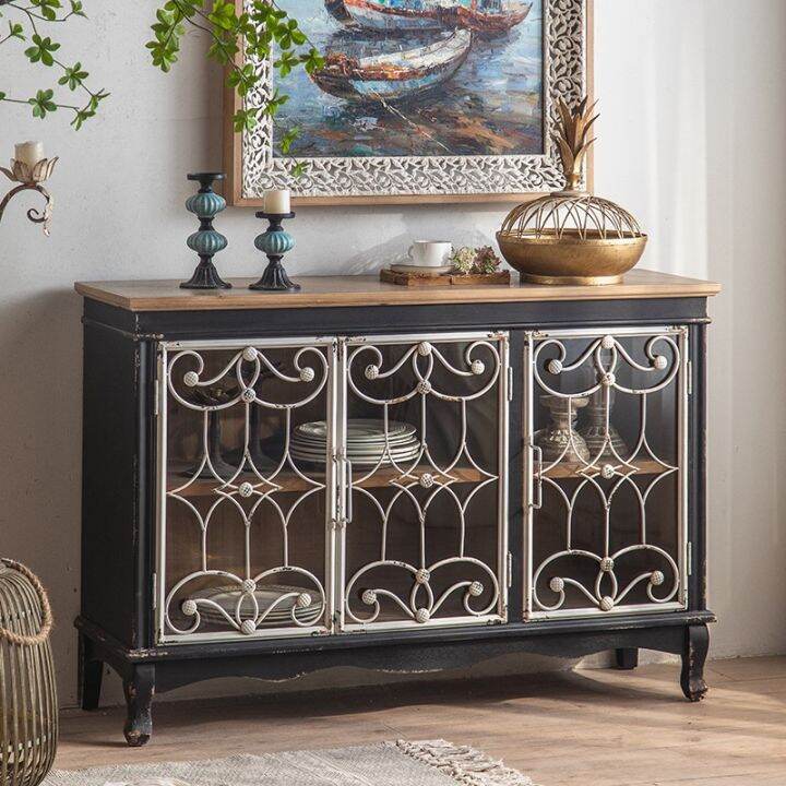 American Retro Sideboard Glass Door Solid Wood Distressed