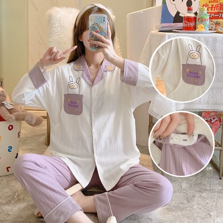 taobao-ชุดนอนผู้หญิงเสื้อแขนยาวกางเกงขายาวผ้าฝ้าย100