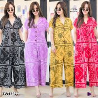 17377 Jumpsuit #สาวอวบ จั้มสูทคอปก แขนล้ำ ขายาว กระดุมหน้า มีกระเป๋าเจาะข้างลำตัว ทรงปล่อย เนื้อผ้า 100D พิมพ์ลายใส่ง่าย