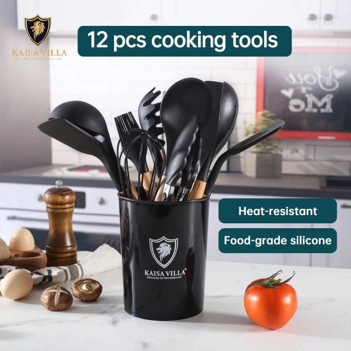 12PCS Kitchen Utensil Set Black, Silicone Cooking Utensils Set Non