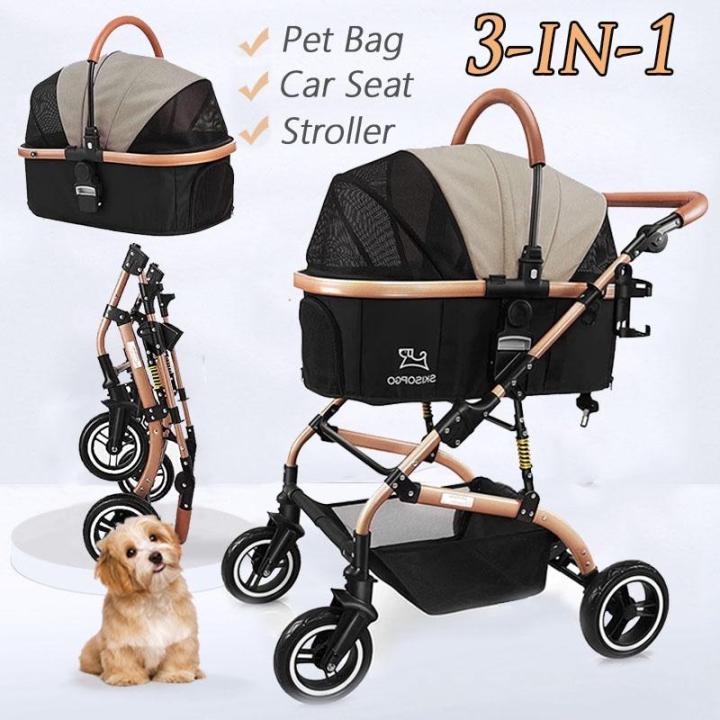 SKISOPGO 3-in-1 Pet Strollers for Small Medium Dogs Cat with Detachable  Carrier Foldable Travel Pet Gear Stroller (Khaki)