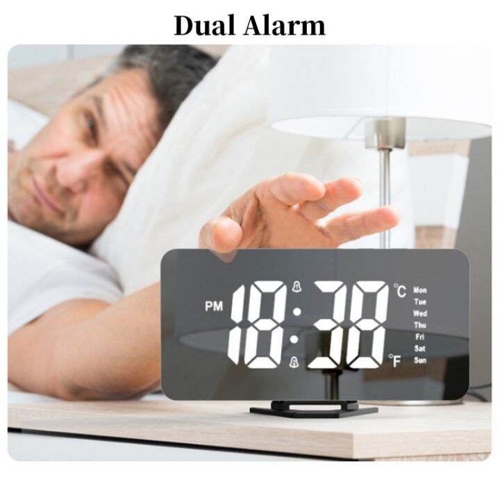 Mirror Digital Alarm Clock Auto Dimming Night Mode Table Clock Touch