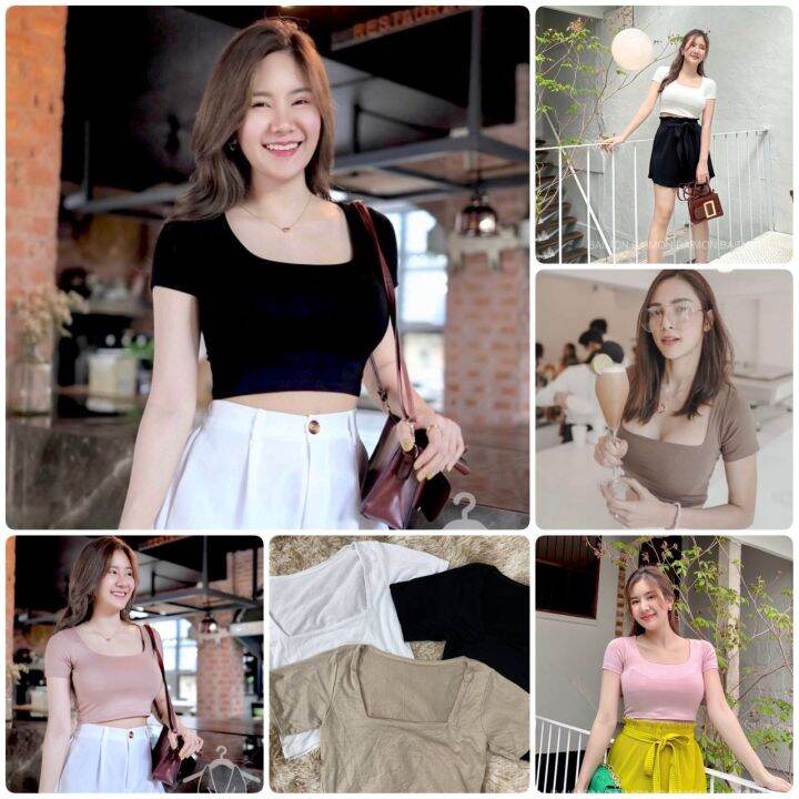 mo-vit-shop-a19-เสื้อครอป-คอเหลี่ยม-เสื้อสายฝอแขนสั้น-ครอปท็อป-basic-เสื้อกล้ามครอป-191-a401b-ครอปแขนสั้น