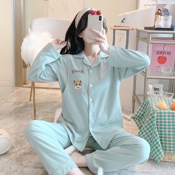 taobao-ชุดนอนผู้หญิงเสื้อแขนยาวกางเกงขายาวผ้าฝ้าย100