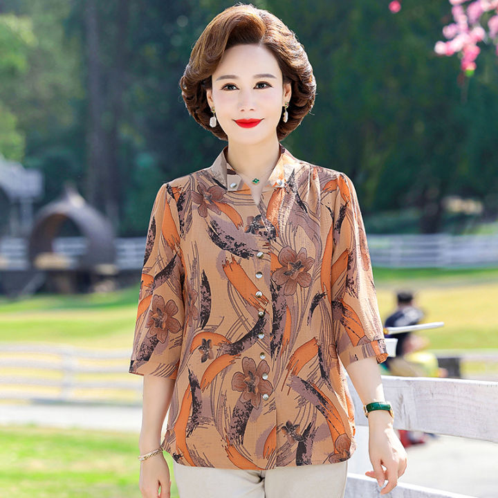 BTB.WO middle aged woman blouse casual Short sleeve shirt clothes for old  woman mother plus size middle age mother shirt 35-55 years old