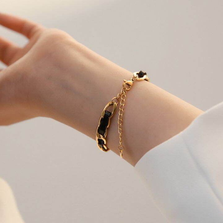 ins-สร้อยข้อมือเชือกหนังแท้ชุบ18k-สีทองแนววินเทจสำหรับผู้หญิงเครื่องประดับมือสำหรับฤดูร้อนแบบใหม่สีไม่ตกสำหรับเพื่อนสาวคนสนิท