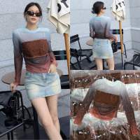 J&amp;M OMBRE TOP?️(350฿ฟรีส่ง) รุ่นนี้สุดปัง ตัวมัมตัวมารดาต้องมีค่า!! เสื้อผ้าซีทรู ไล่โทนสี ombre แขนยาว แต่งลายผ้าด้านหน้าสีน้ำตาล ปักลายอักษร Y2K สุดๆ รุ่นนี้ผ้าเนื้อนิ่ม ยืดหยุ่นได้เยอะ ใส่สบาย แมทช์กับกระโปรงยีนส์น่ารักสุดๆ