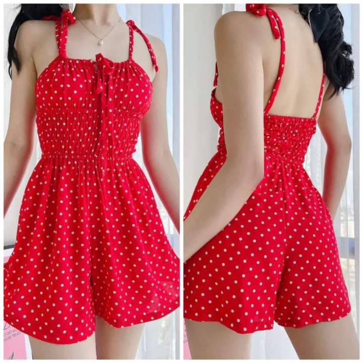 polka dot SMOCKING ROMPER shirred knot shoulder | Lazada PH