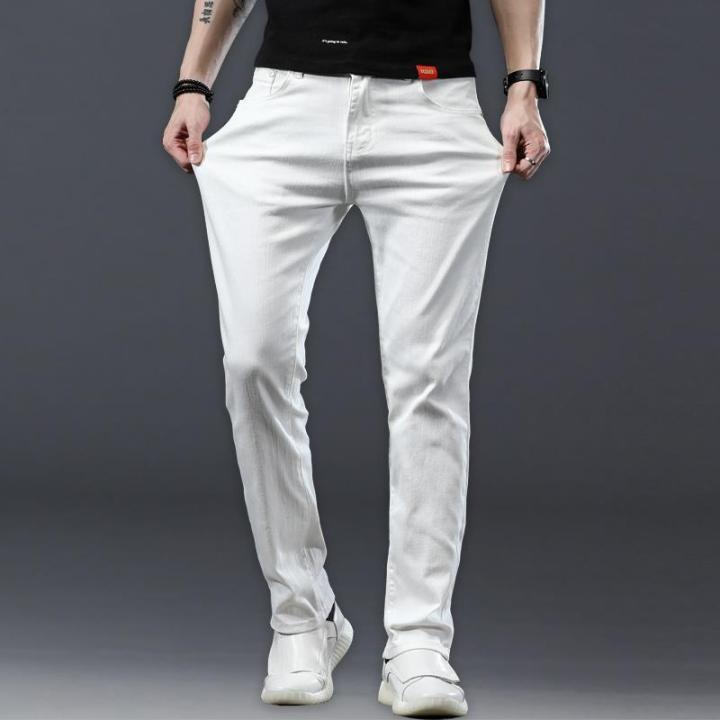 Spring/Summer Pure White Jeans for Men's Korean Fit Elastic Wash Casual ...
