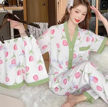 Korean High Quality Silk Pink Print Short Sleeve Pajama Set Sleepwear For  Women Pantulog