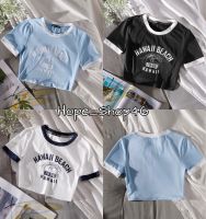 พร้อมส่ง เสื้อครอปคอกลมแขนสั้น Hawall Beach มี3สี?