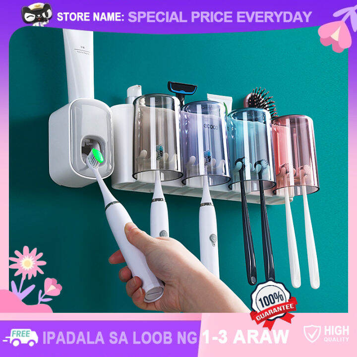 No Drilling Toothbrush Holder with Toothpaste Dispenser Set Wall