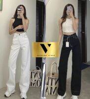 ?V-JEANS? ป้ายCHU??กางเกงยีนส์ ทรงกระบอก สีขาว สีดำ เเต่งตะเข็บ เอวสูง เก็บพุง งานป้ายชมพู สวยปัง สินค้ามาใหม่ค่า