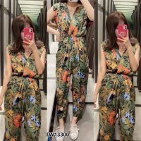 13300 Jumpsuit จั้มสูทแขนกุดขายาว คอวีลายใบไม้