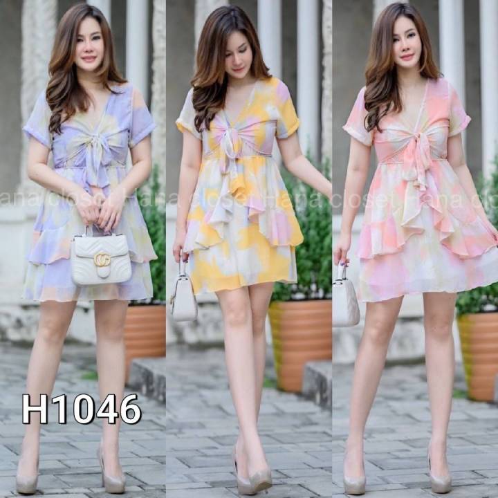 h1047-ชุดมินิเดรส-ผ้าชีฟองแต่งระบายสวยหวาน