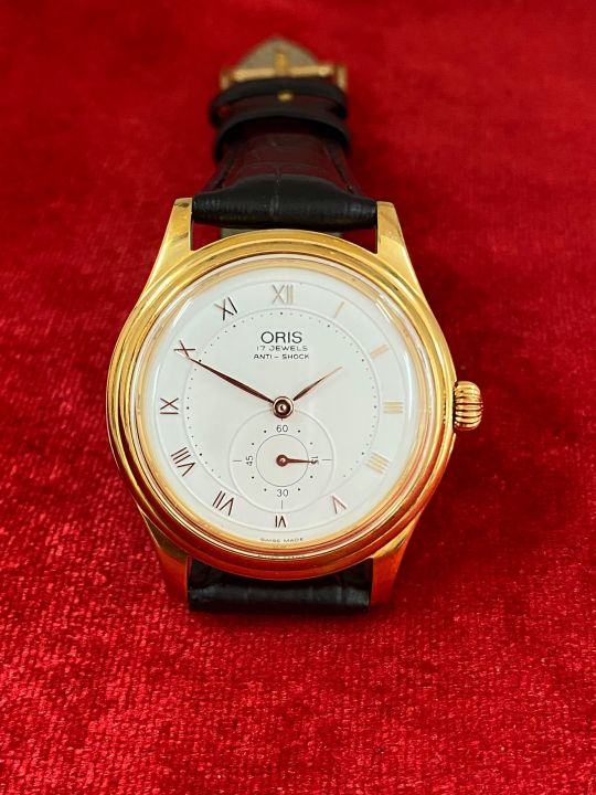 oris-17-jewels-ระบบไขลานกันน้ำได้-ขนาดตัวเรือน-34-5มม-หนา-9-มม-นาฬิกามือสองของแท้สินค้ารับประกัน-6-เดือน