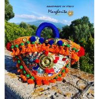 Small Orange Tassel Margherita bags handmade in Italy มาร์เกริต้า กระเป๋าสานอิตาลีใบเล็กพู่สีส้ม นําเข้าทั้งใบจากอิตาลี