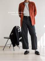 BROWN BUTTONS STRIPED DENIM PANTS BLACK กางเกงผ้ายีนส์ ลายเส้น สีดำ ทรงกระบอกตรง