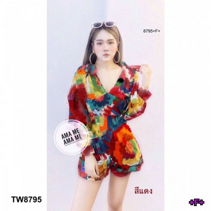 8795-jumpsuit-จั้มสูทขาสั้น-แขนยาว-แต่งแขนพองๆ-พิมพ์ลายกราฟฟิก