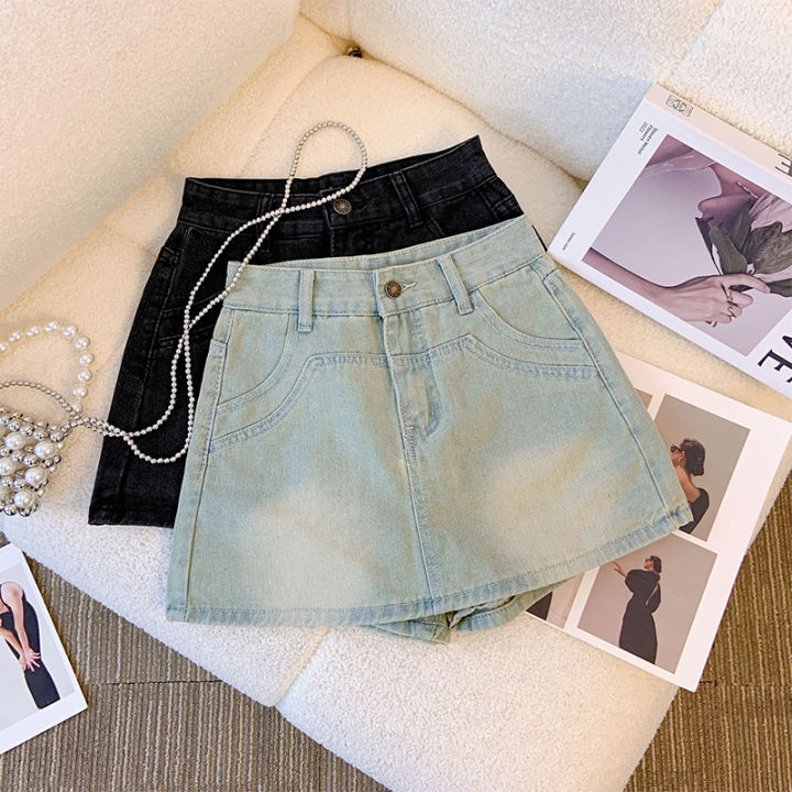 Stylish Niche Denim Skirted Leggings Female Summer New 2023 Retro Hong Kong Style  High Waist Slim Looking Sexy A- line Miniskirt