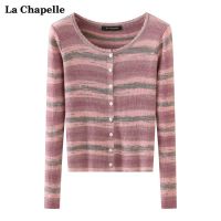 La Chapelle เสื้อยืดแขนยาวผ้าถักลายทางแบบใหม่ฤดูใบไม้ร่วงสำหรับผู้หญิงเสื้อยืดเข้ารูปใส่แล้วดูผอมเพรียวเสื้อท่อนบน