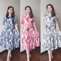 Fashion Pleat Dress code s2 แฟชั่นชุดเดรสอัดพลีทลายกราฟฟิกยืดFreesize สีสวยตรงปกลายสวย New Collection เดรสสาวอวบ