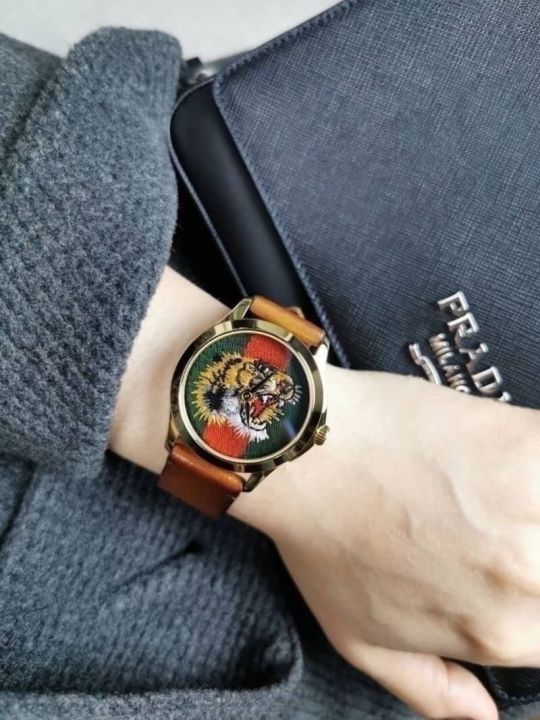 นาฬิกาข้อมือ-gucci-watch-หน้าปัด-เสือ-กรอบทอง-ขนาด-38mm