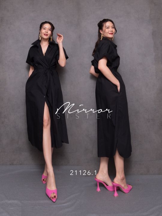 mirrorsister-21126-1-เดรสเชิ้ตแขนสั้น-เดรสผูกเอว-ชุดทำงาน-ชุดไปเที่ยว-ชุดไปงาน-เดรสแขนสั้น-เดรสคอปก