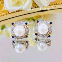 ต่างหู​มุก ต่างหูเพชร​CZ Earring​Diamond​CZ ตุ้ม​หูมุก ตุ้มหูพลอยไพลิน ต่างหูสวยๆ ต่างหูน่ารัก ต่างหูชุปทองคำขาว ขนาด 2.1 X 2.1 cm.