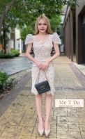 Guipure Lace Dressเดรสเสื้อคอเหลี่ยม แขนพองจับเดรปซีทรู