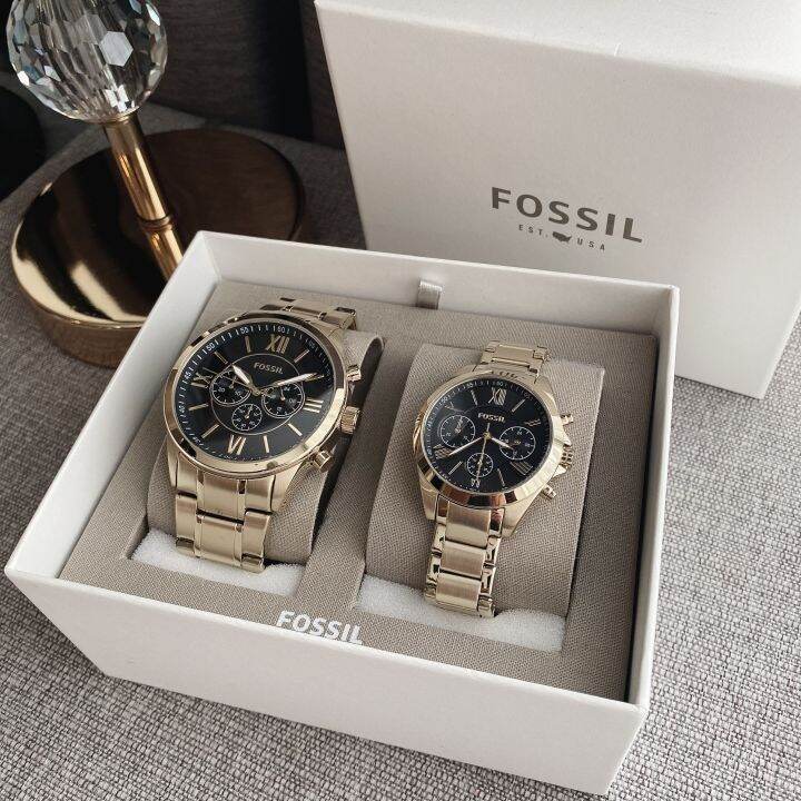 ของแท้100-สีทอง-นาฬิกาคู่รัก-fossil-bq2400set-his-and-her-chronograph-stainless-gold-couple-watch-bq2400