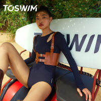 TOSWIM ชุดว่ายน้ำวันพีซแขนยาวทรงสามเหลี่ยมสำหรับผู้หญิงฤดูร้อนกันแดดคลุมท้องใส่แล้วดูผอมปิดมิดชิดแฟชั่นใส่ไปริมทะเลโต้คลื่นดำน้ำ