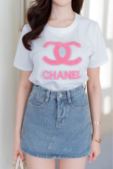 chanel-เสื้อยืดคอกลมแขนสั้นใช้ผ้ายืดเด้งพรีเมี่ยม