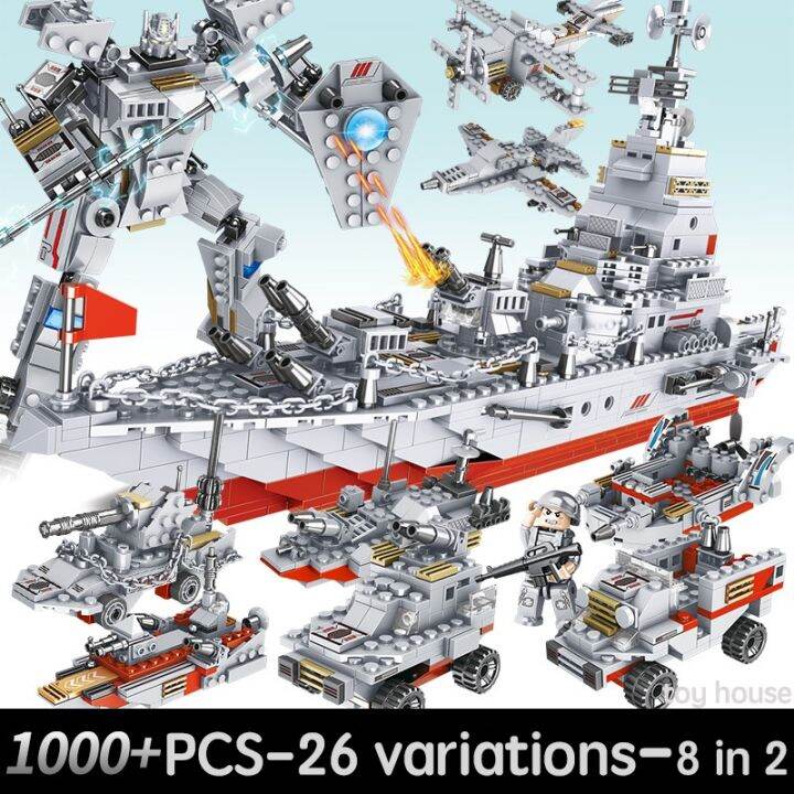 1000Pcs Aircraft Carrier Building Blocks Warship WW2 Battleship Navy Robot Educational Toys for