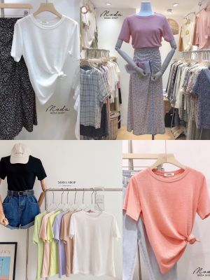 MODA SHOP เสื้อยืดคอกลมสีพื้นผ้าสลาฟบางสไตล์เกาหลีแฟชั่นผู้หญิง