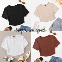 SHEIN พร้อมส่ง  เสื้อยืดผู้หญิงคอกลม/ครอป แขนสั้น ไหมพรม ถักแบบวาฟเฟิล มีให้เลือก2สี(K032)