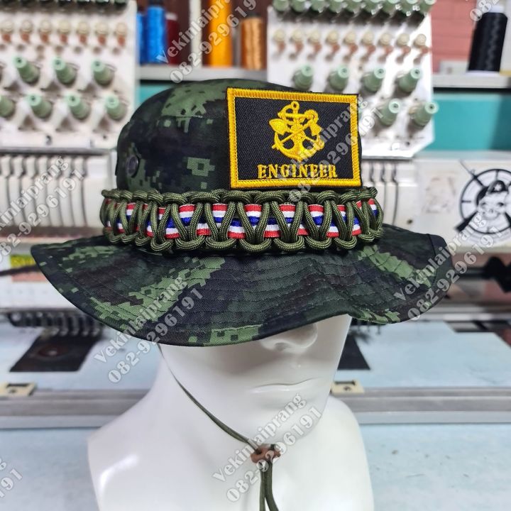 หมวกปีกสั้นลายพรางใหม่-ถักเชือกสีเขียว-พร้อมเทปผ้าลายธง-อาร์มเหล่าทหารช่าง-ขนาดฟรีไซร์รอบศรีษะ58cm